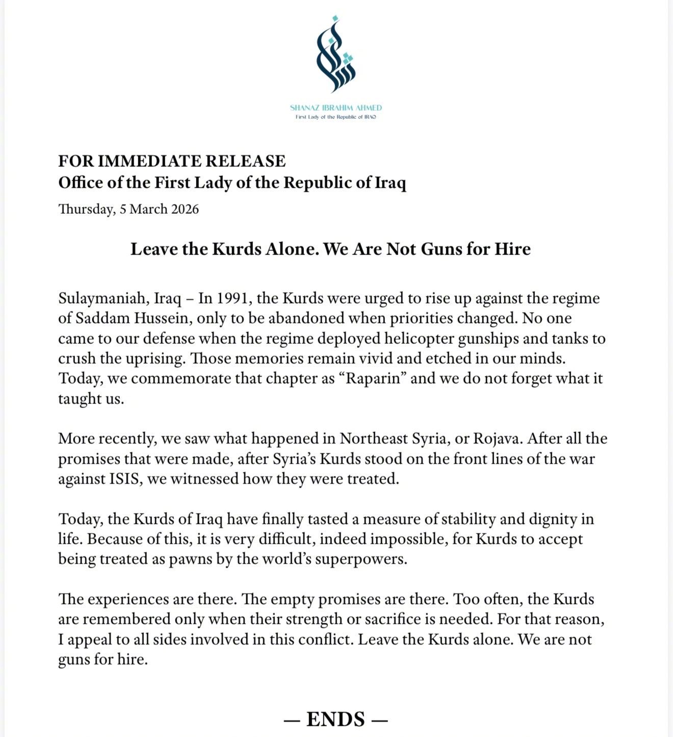 【伊拉克第一夫人喊话特朗普：放过库尔德人吧，我们不是雇佣兵】美以伊战争仍在继续，