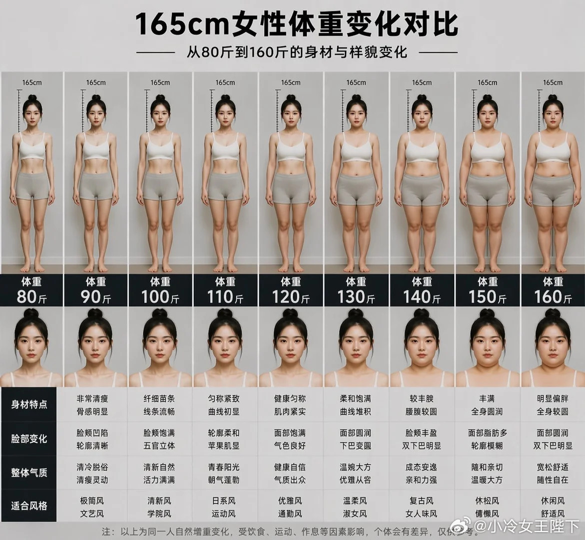 女生80-160斤，身材和样貌差距到底有多大？
