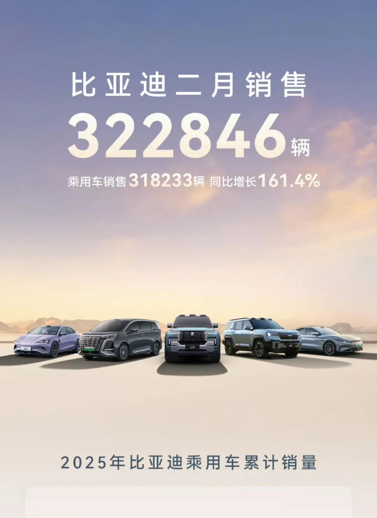 比亚迪汽车2月份销售322846辆，同比增长164%，前两个月累计销量61467