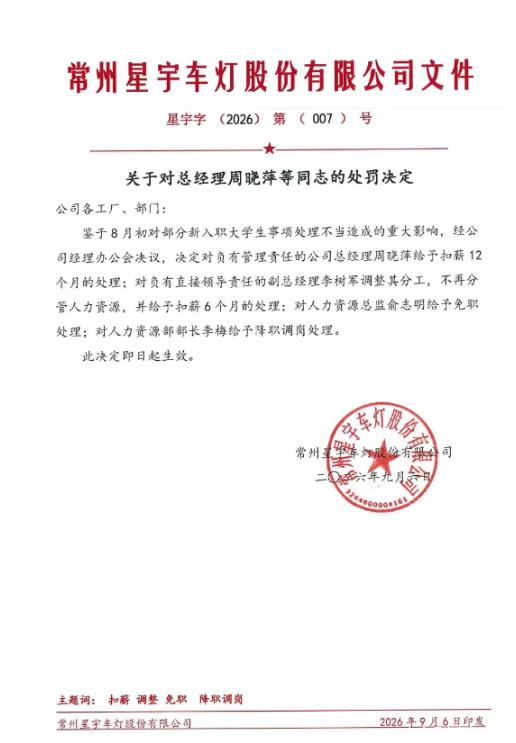 星宇股份俞志明被免职处罚的内幕本次处罚源于星宇股份2026年7-8月批量劝退107名校招应届生、用工