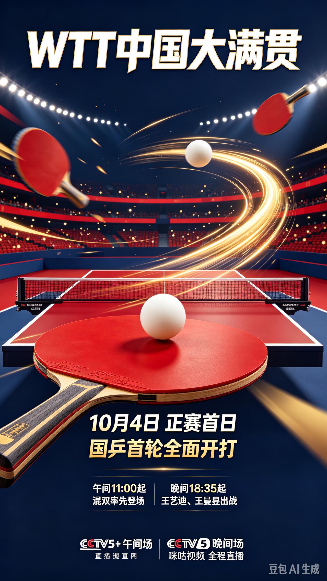 10月4号，WTT中国大满贯正赛首日，国乒完整赛程。CCTV5和CCTV5+直播