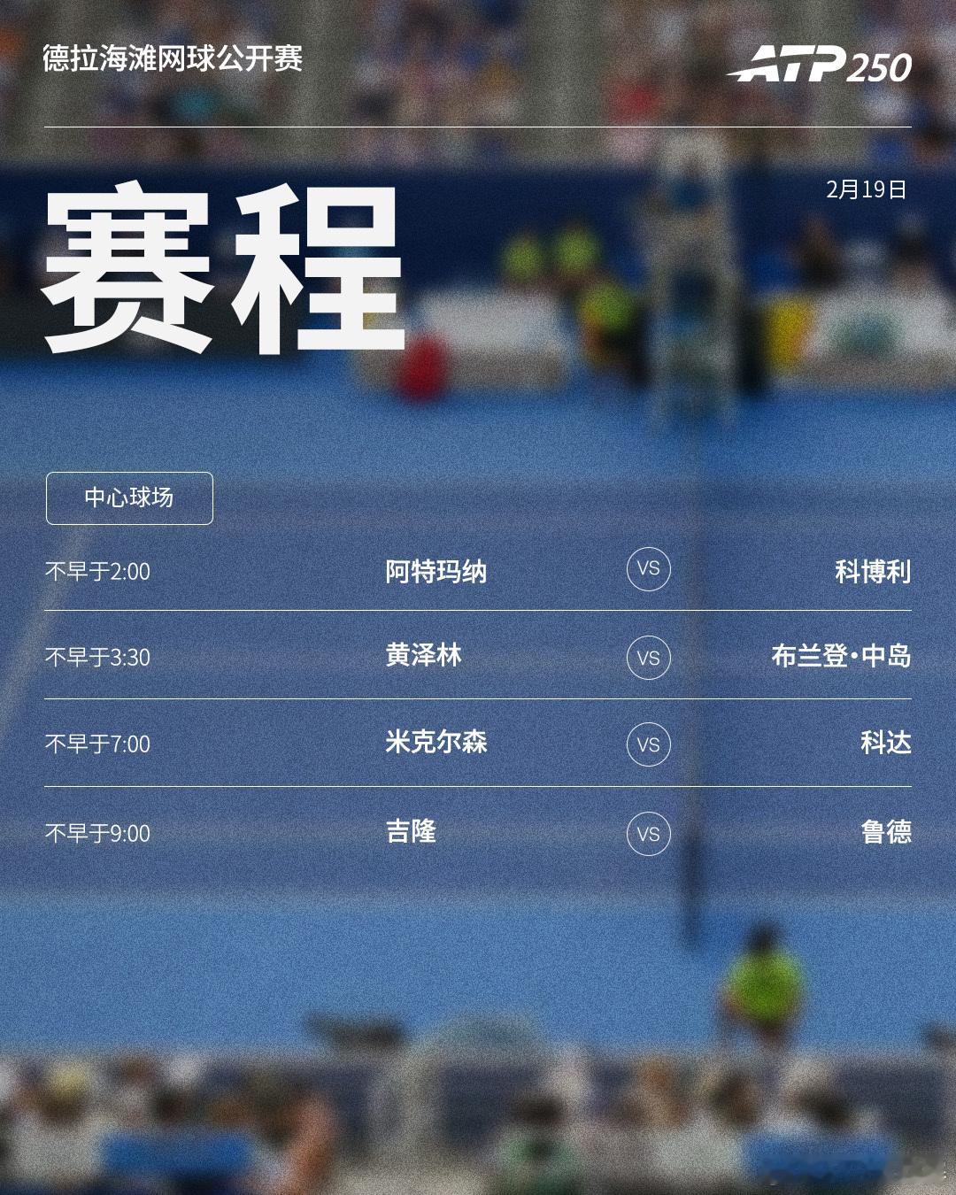 三项巡回赛今日将展开第二轮争夺，赛程见图（均为北京时间）⭕️ATP500卡塔