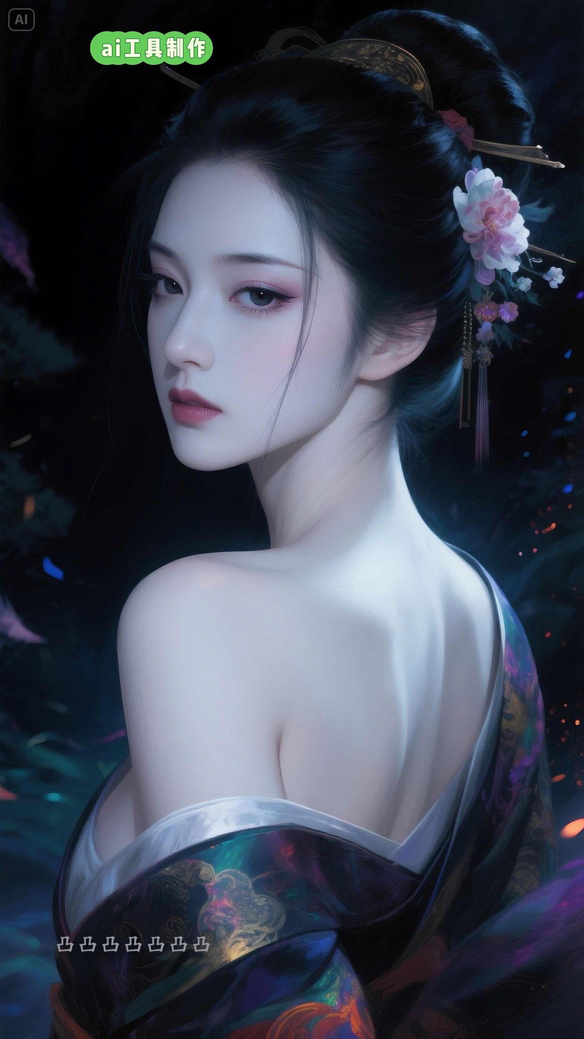 她于暗夜中静立，华美的汉服勾勒出绰约身姿，如墨乌发间繁花簪饰熠熠生辉。...