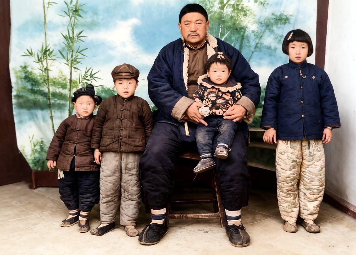 1940年代，照相馆内的一家人。 画面中间是一位身形敦实、面容敦厚的中年男子