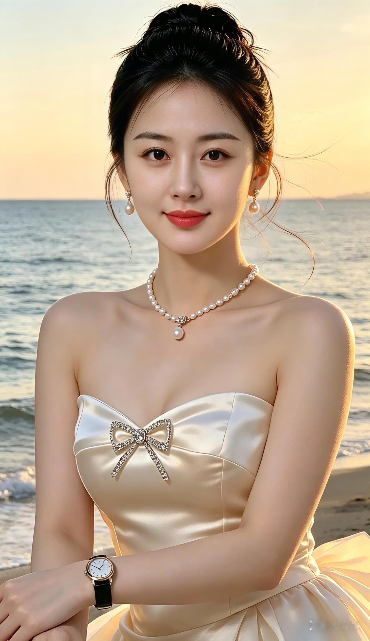 戏作小诗落日余晖映海疆，珍珠串链衬容光。高盘发髻随风漾，缎面裙衫淡韵香。