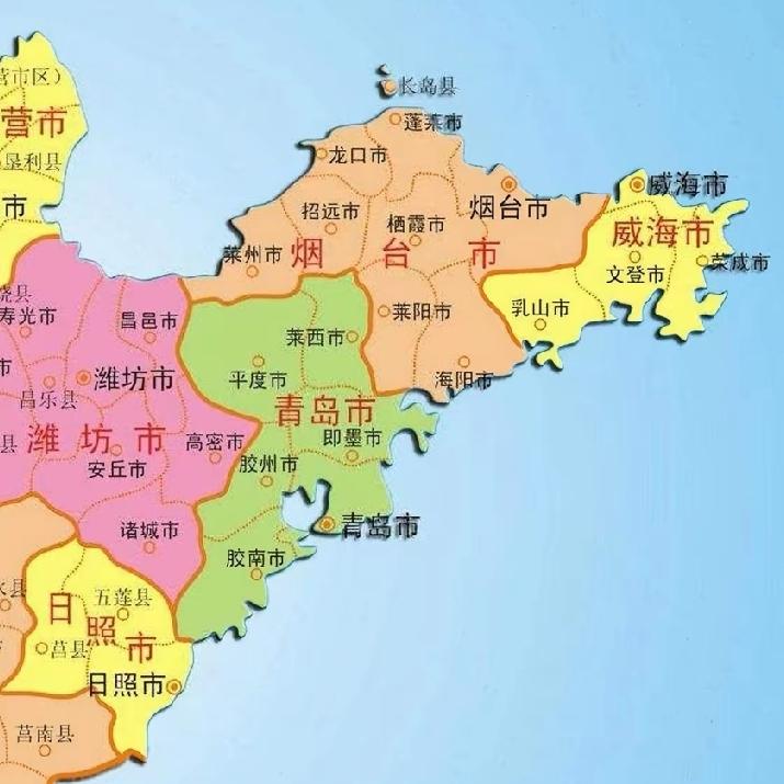 原来烟台市的地形图这么有趣，猛一看很像是一颗粗壮的大树，枝繁叶茂，而且上下都与大