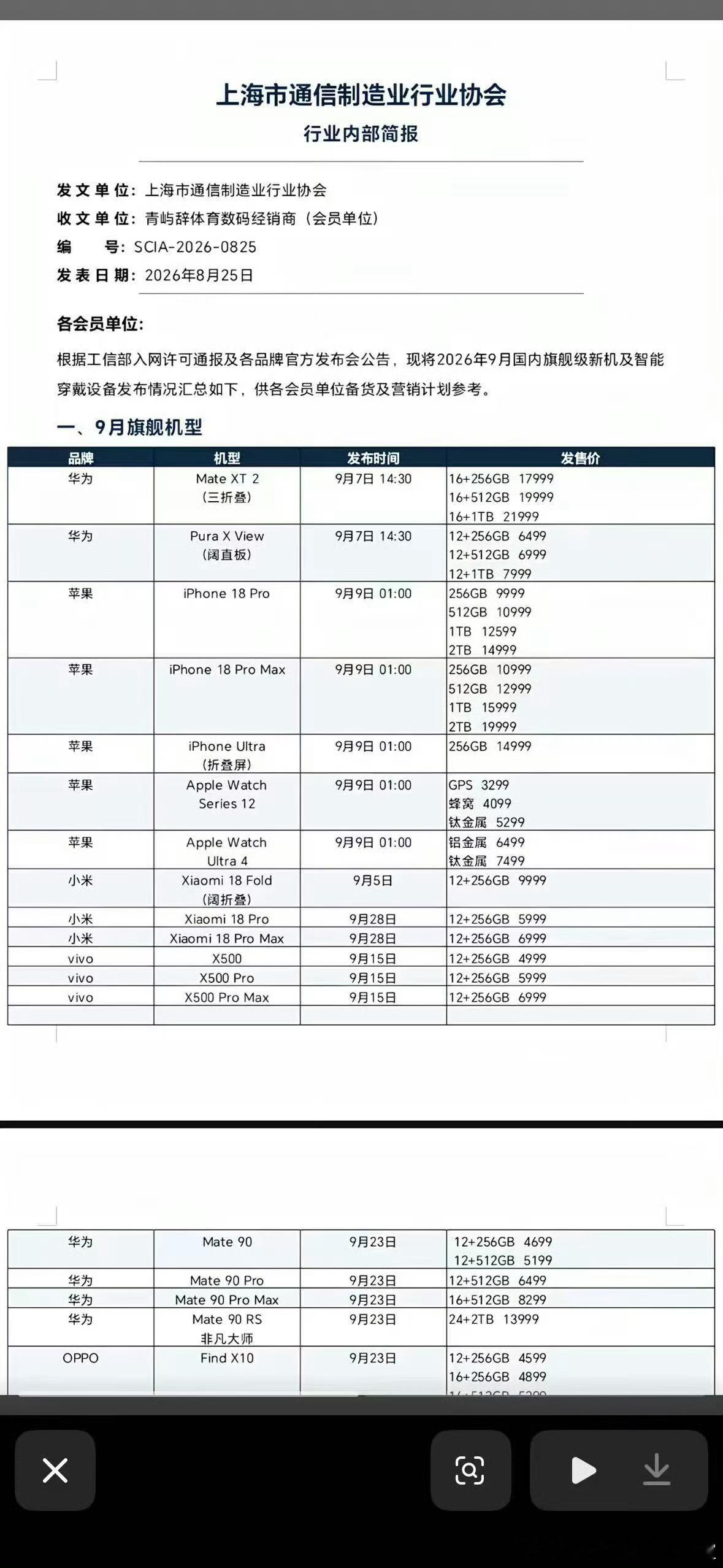 华为苹果OPPOVIVO小米9月发布会时间（网传）​​​