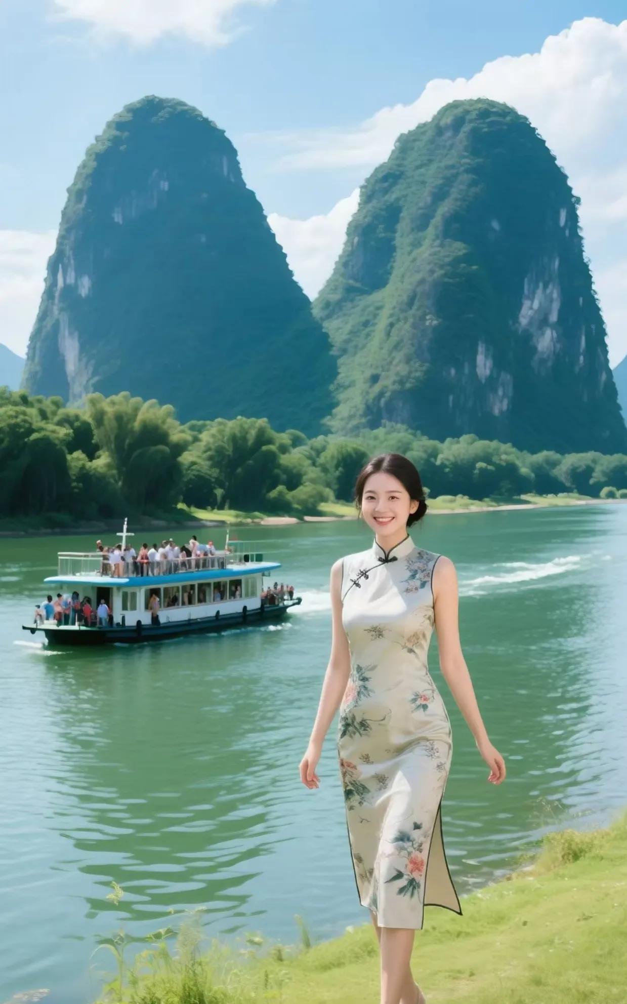 在桂林山水畔，旗袍佳人漫步，船行碧波，人醉画中，尽显诗意风情。