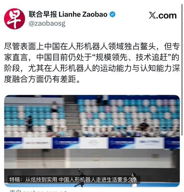 联合早报报道：“尽管表面上中国在人形机器人领域独占鳌头，但专家直言，中国目前仍处