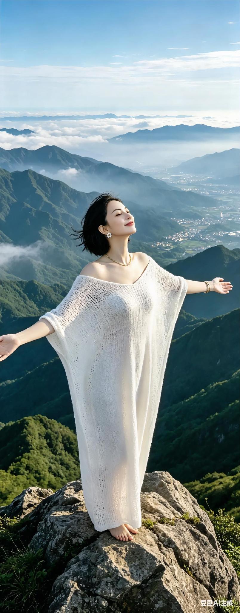登上山顶就很了不起了，美女闭着眼睛，享受清风拂面，空气新鲜，生活美得有滋有味。