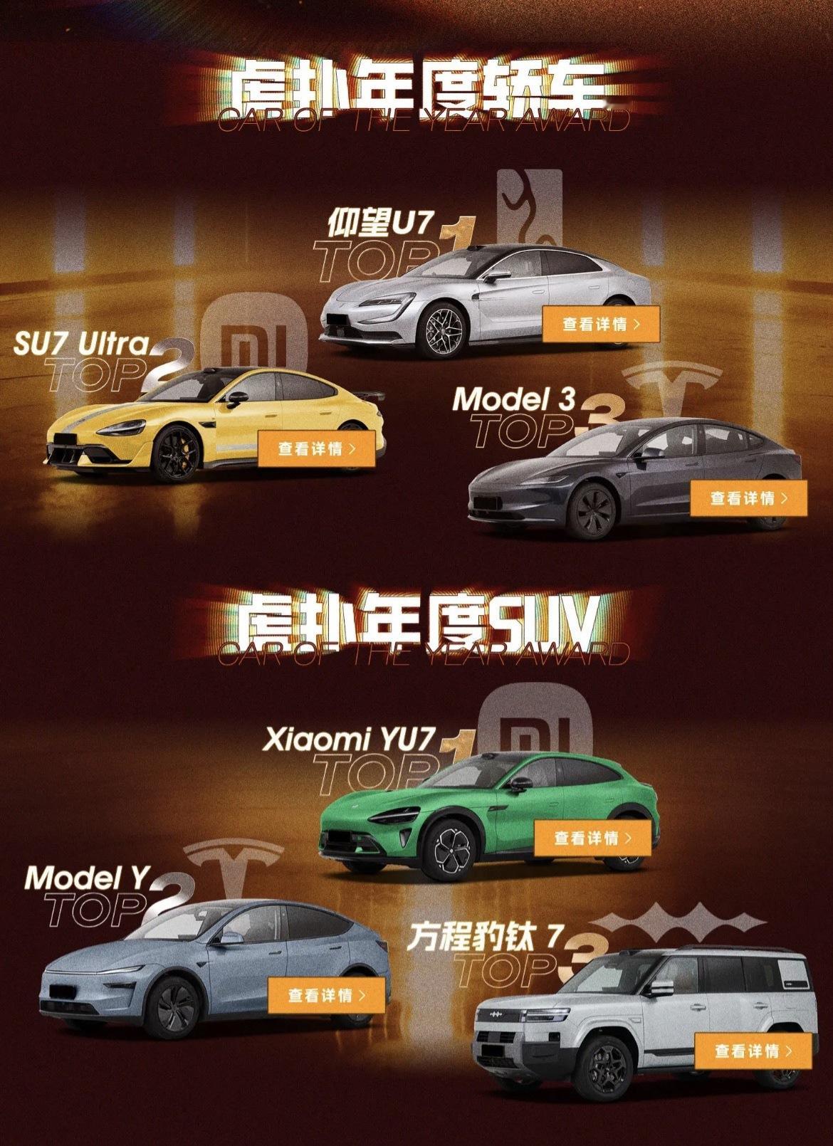 虎扑年度轿车是仰望U7、小米SU7Ultra、特斯拉Model3，年度SUV
