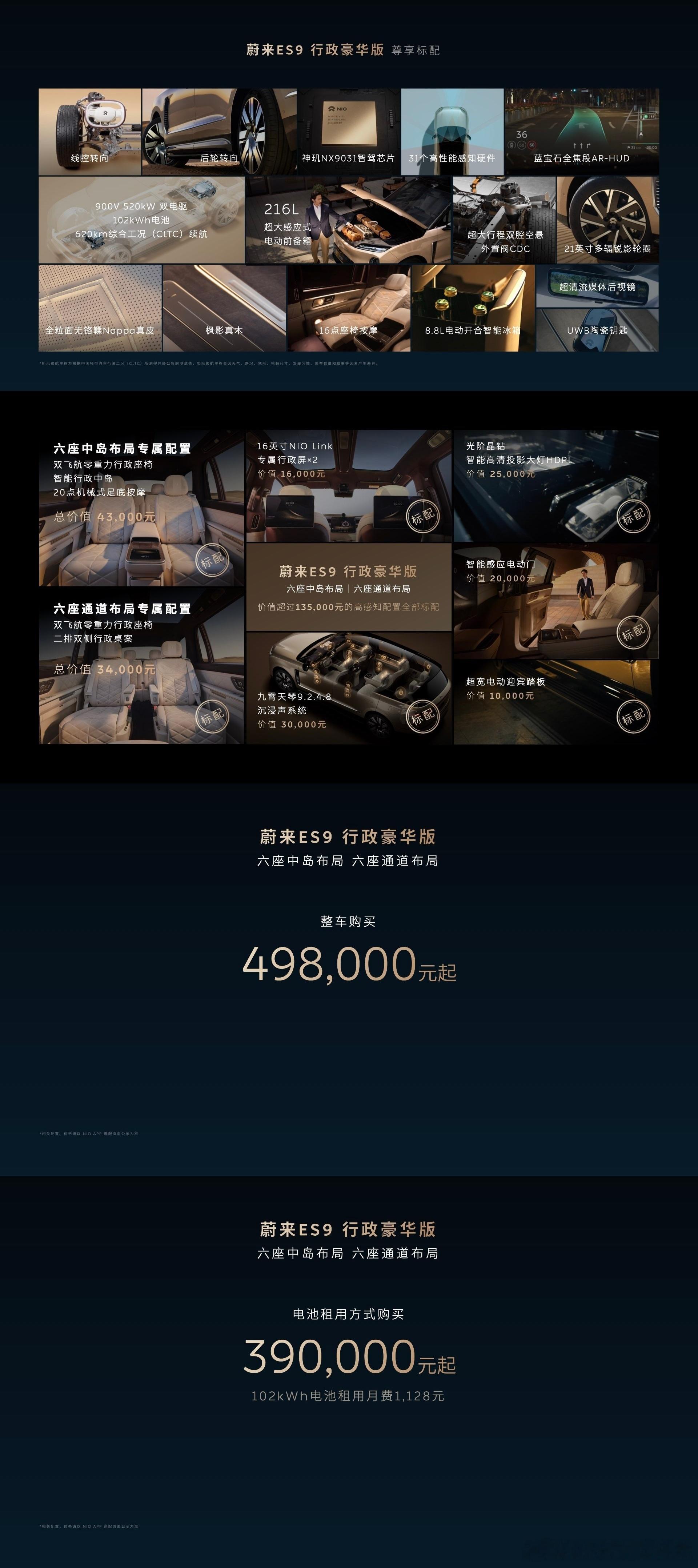 蔚来ES9ES9是为数不多的超大型六座行政旗舰SUV，租电售价直接干到了39万起