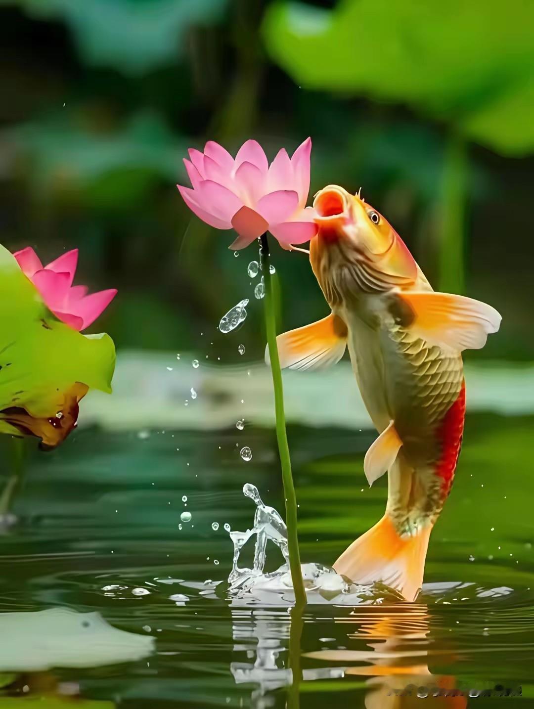 下联:请君赐墨鲤鱼跃起吻莲花。
