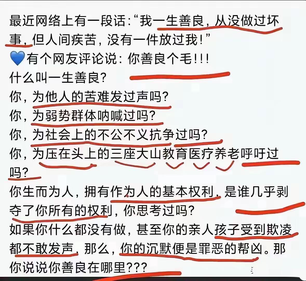 我一生善良……你善良个毛……扎心了，看老铁！无力反驳。