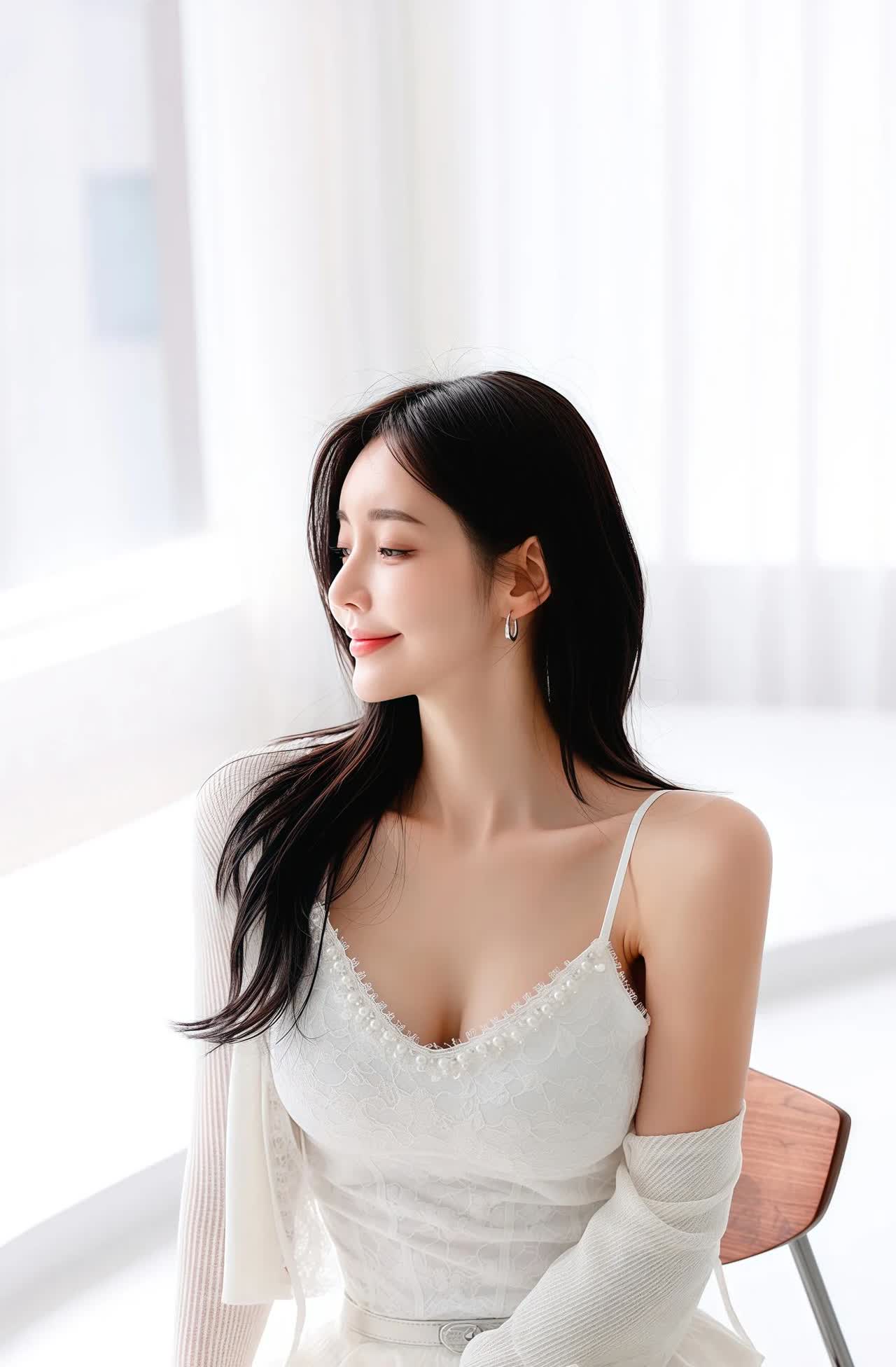 孙允珠优雅白裙，甜美笑容，坐椅轻靠，自然光下更显温柔。