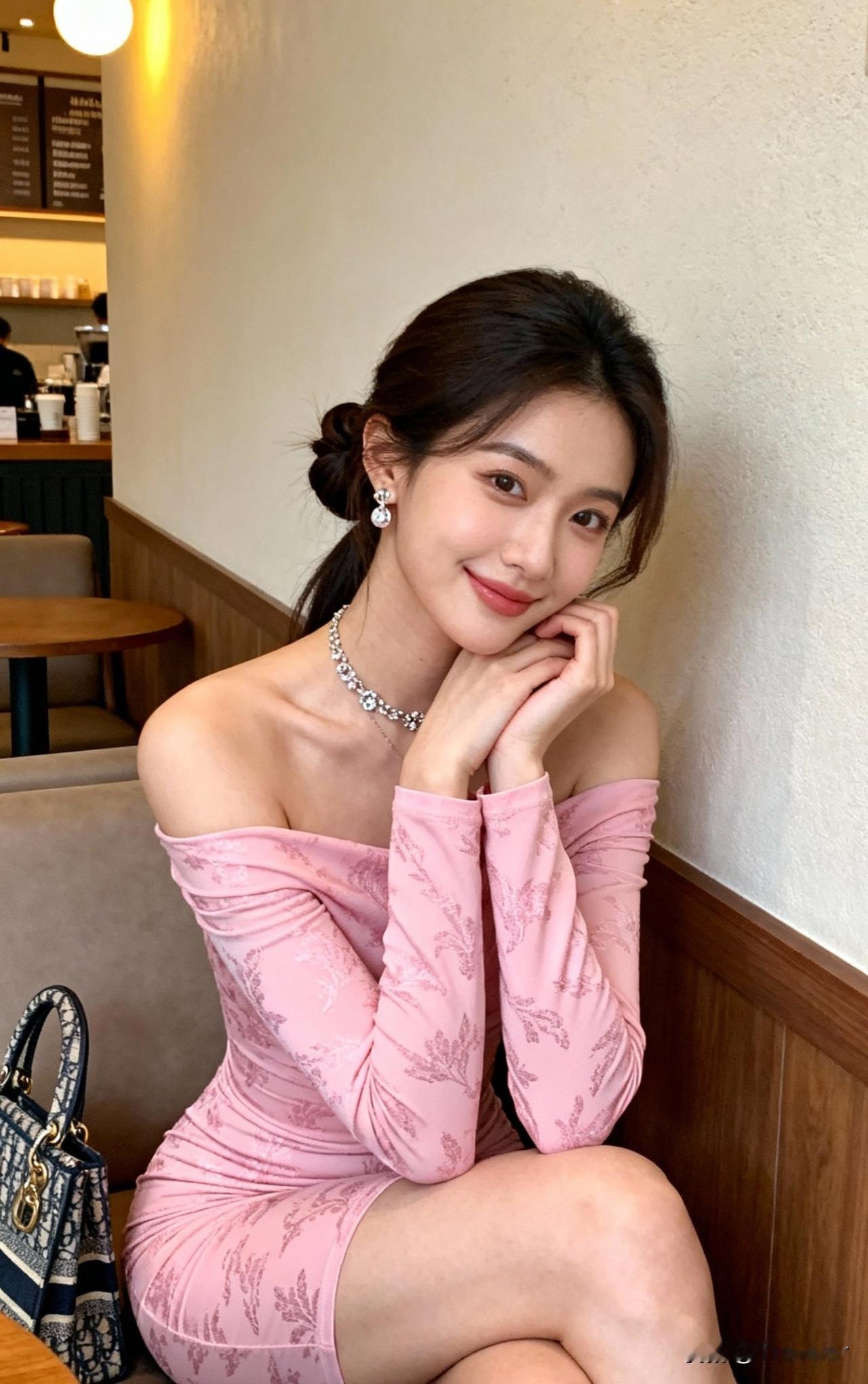 粉衣美人倚墙坐，笑语盈盈意自闲。