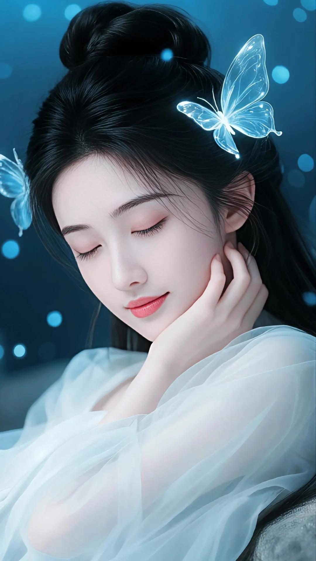 梦幻蓝蝴蝶，温柔闭眼少女，唯美仙气十足