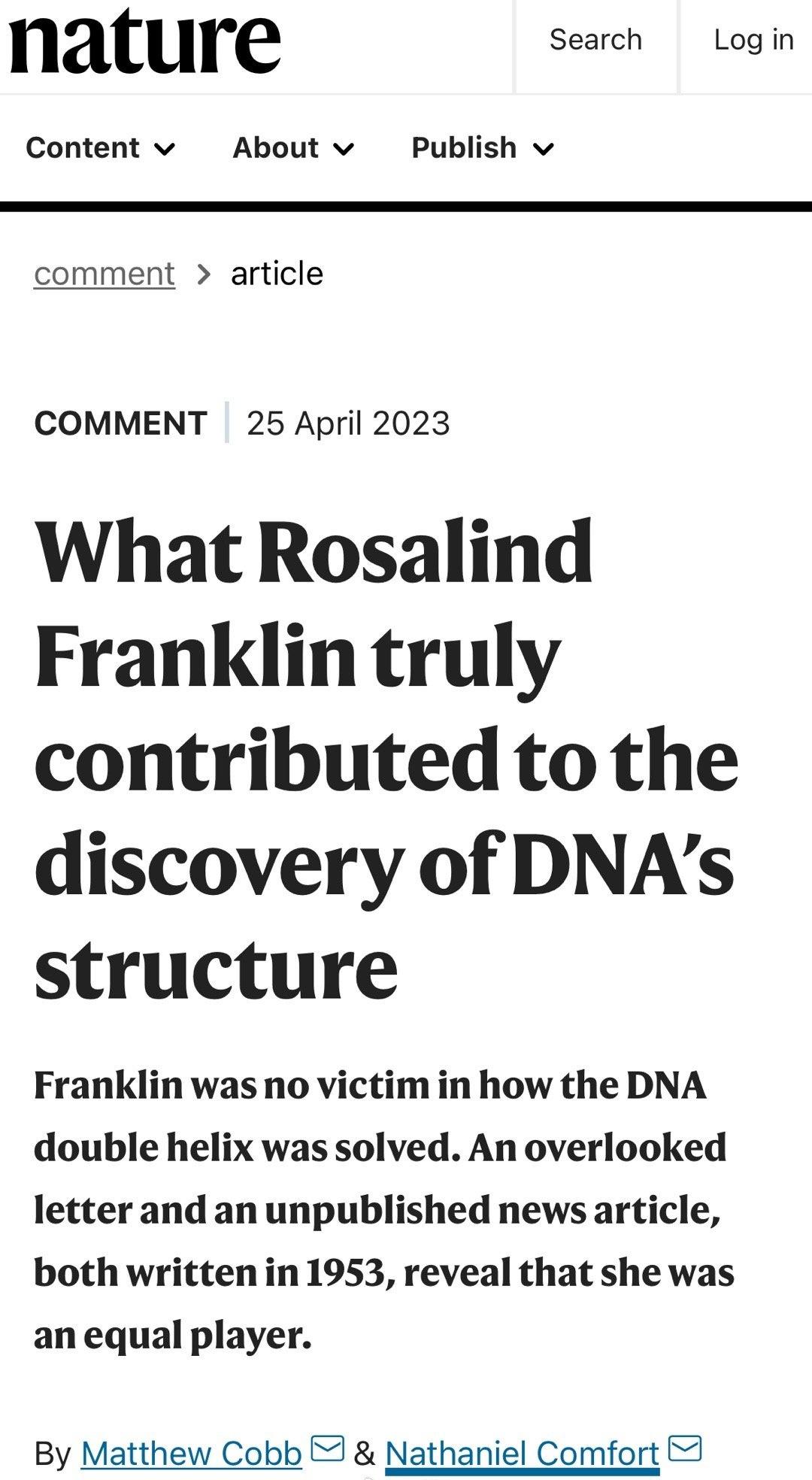 沃森去世后陆续看到了很多追忆罗莎琳德·富兰克林的文章，今天看到Nature在20