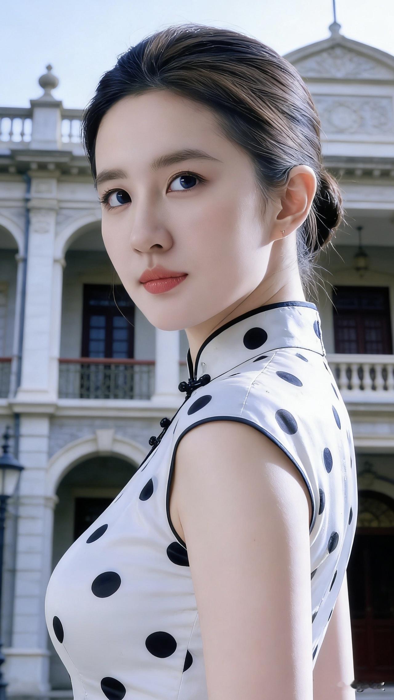 白底黑波点的旗袍裹着旧洋楼的晴光，黑盘扣像精致的墨点，缀在立领边缘。她侧身回望的