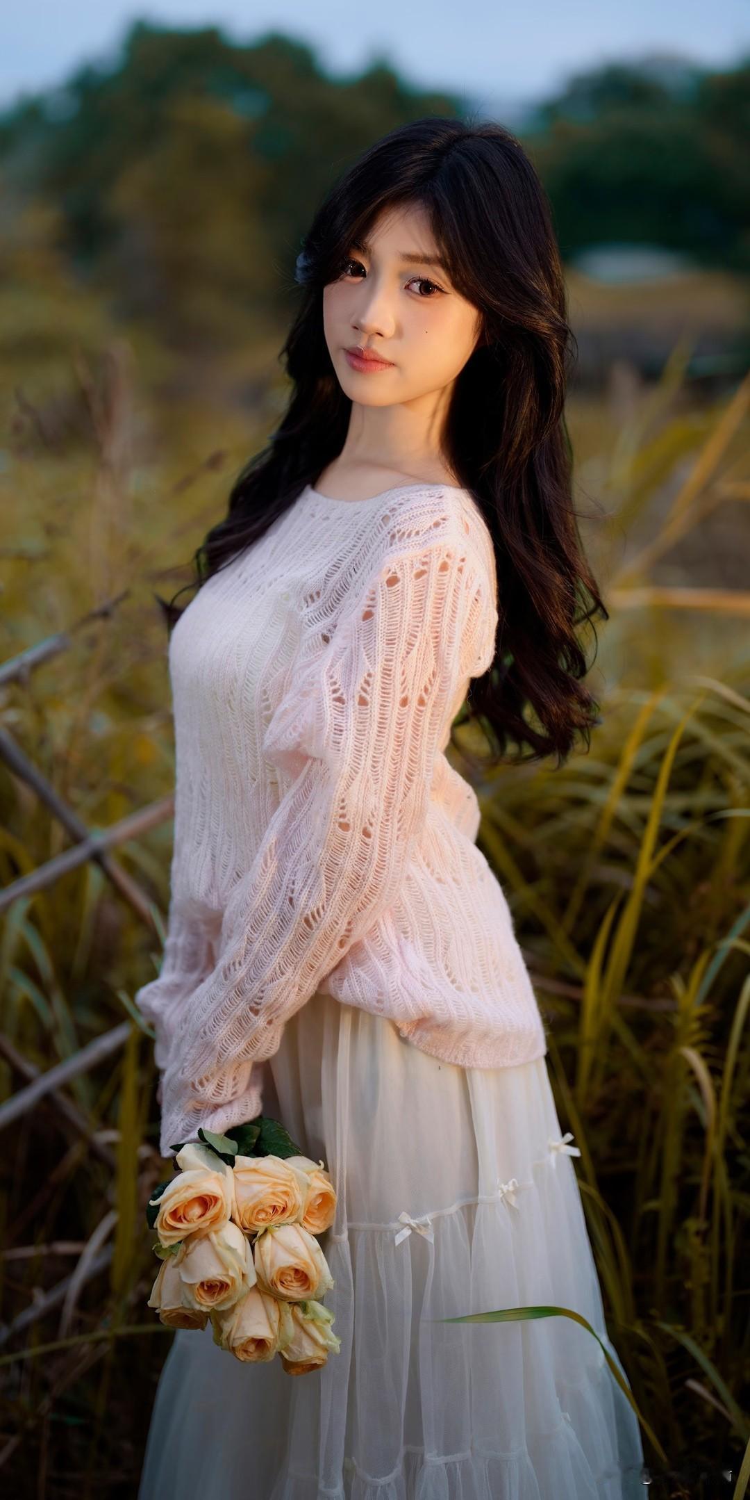 梦幻田野中的少女，手持玫瑰，唯美浪漫。