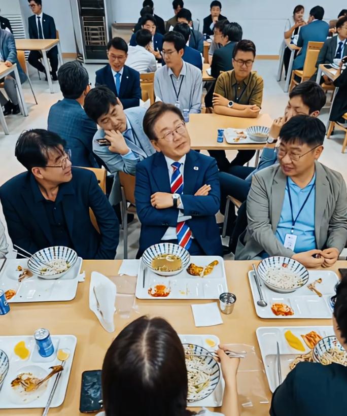 李在明这姿势是什么意思呢？看上去像是很得意的样子啊！歪着头在侃侃而谈吗？这