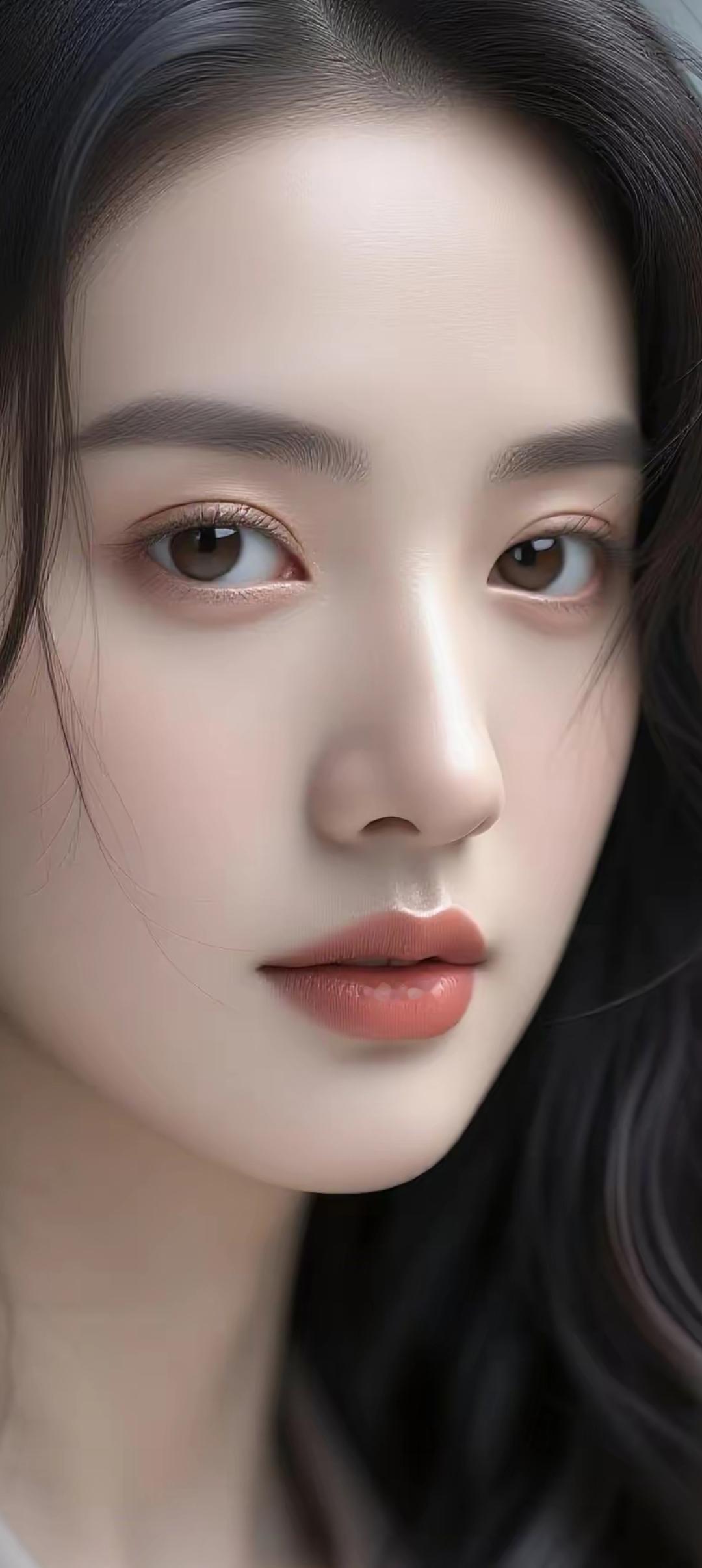 温柔甜美的少女，白皙肌肤，红润双唇，黑发飘逸，宛如画中的仙子。