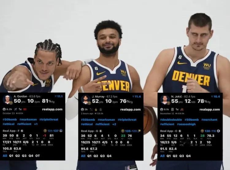 约基奇：我得50+，出手23次。穆雷：我得50+，出手25次。戈登：我得50