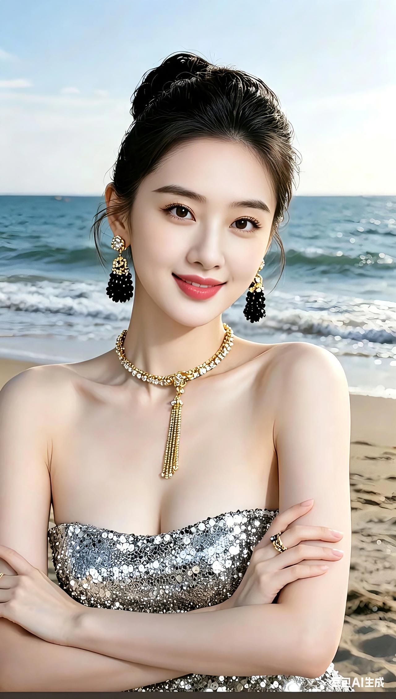 海边佳人，笑靥明媚乌黑发髻高高盘起，黑金耳坠精巧相宜。亮片衣衫熠熠生辉，