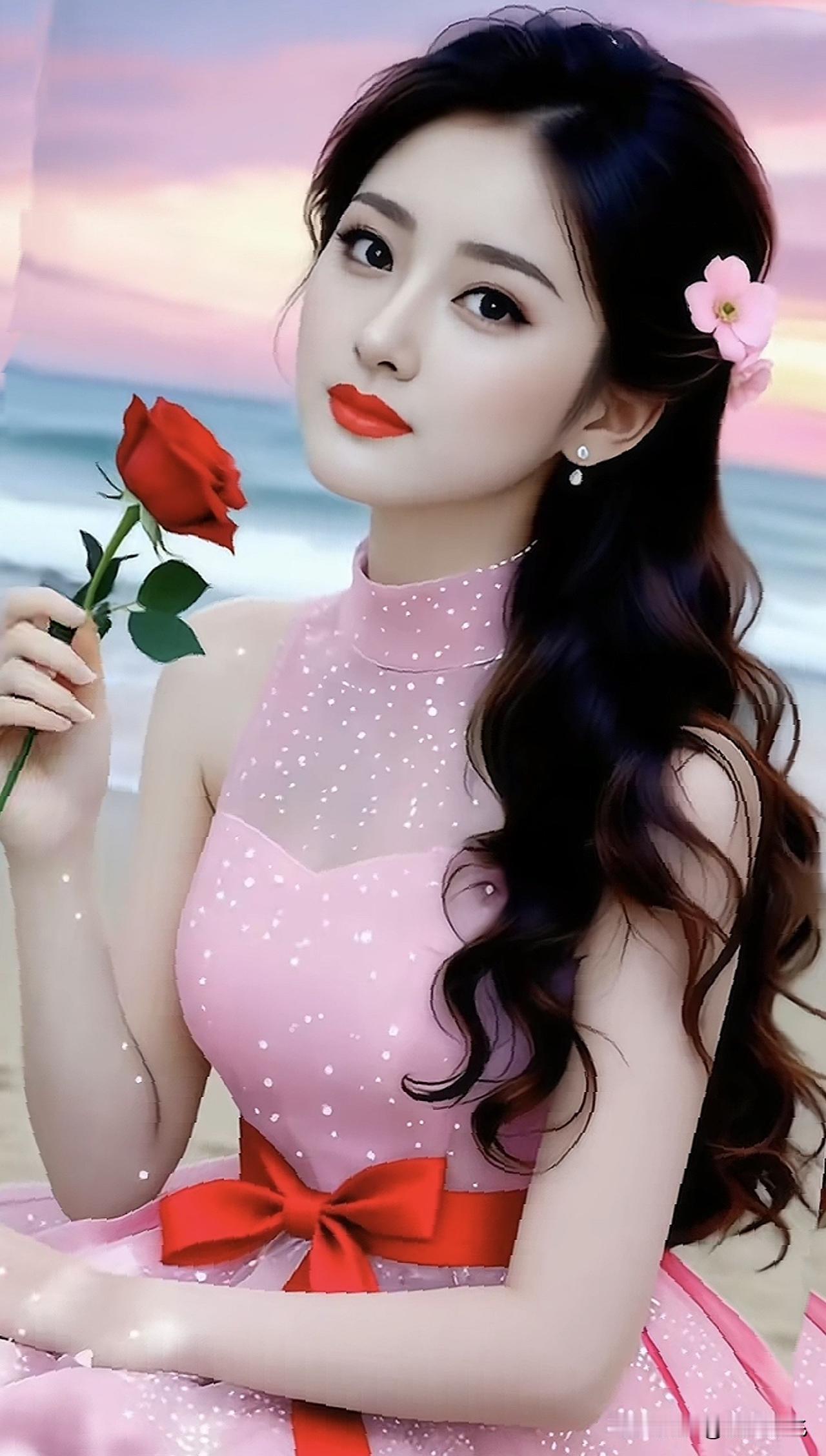海边日落，红玫瑰与粉裙的浪漫邂逅🌹🌊红玫瑰风景紫玫瑰长裙粉玫瑰连衣裙粉