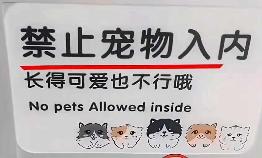 一家早餐店在门口贴了张告示，“禁止宠物入内，长得可爱也不行”结果有爱狗人士说，