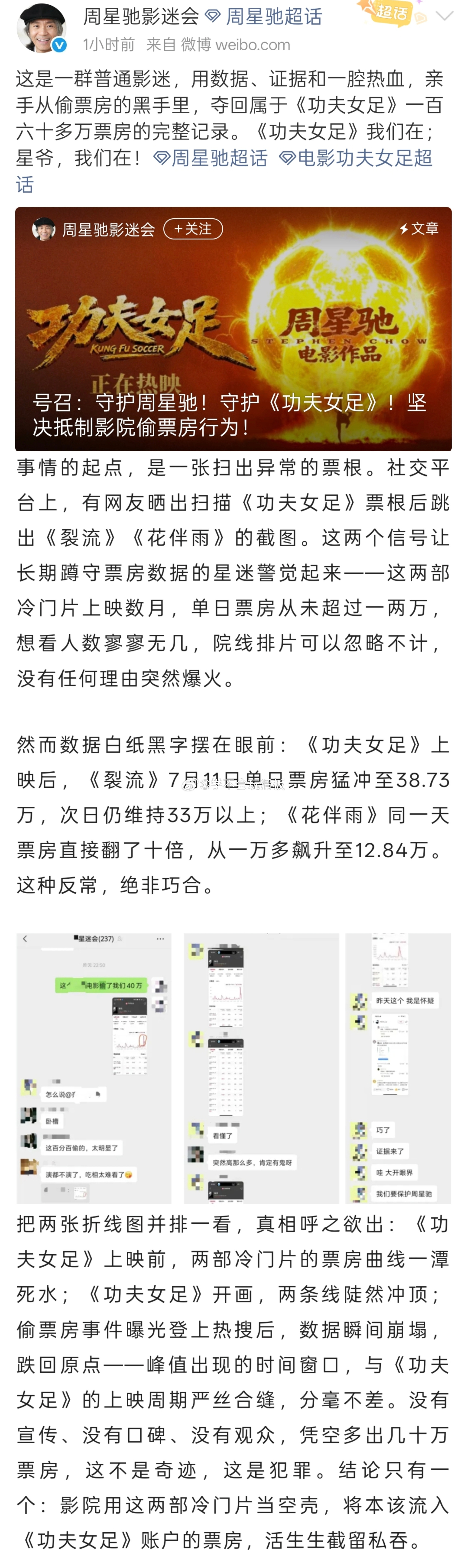 周星驰影迷会追回《功夫女足》160多万票房，并且这次证据很完整，也证实了确实有影