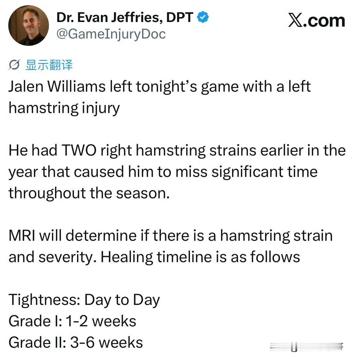 NBA所有球员的痛！！！杰伦-威廉姆斯腿筋拉伤，雷霆卫冕受阻！杰伦-威廉姆斯