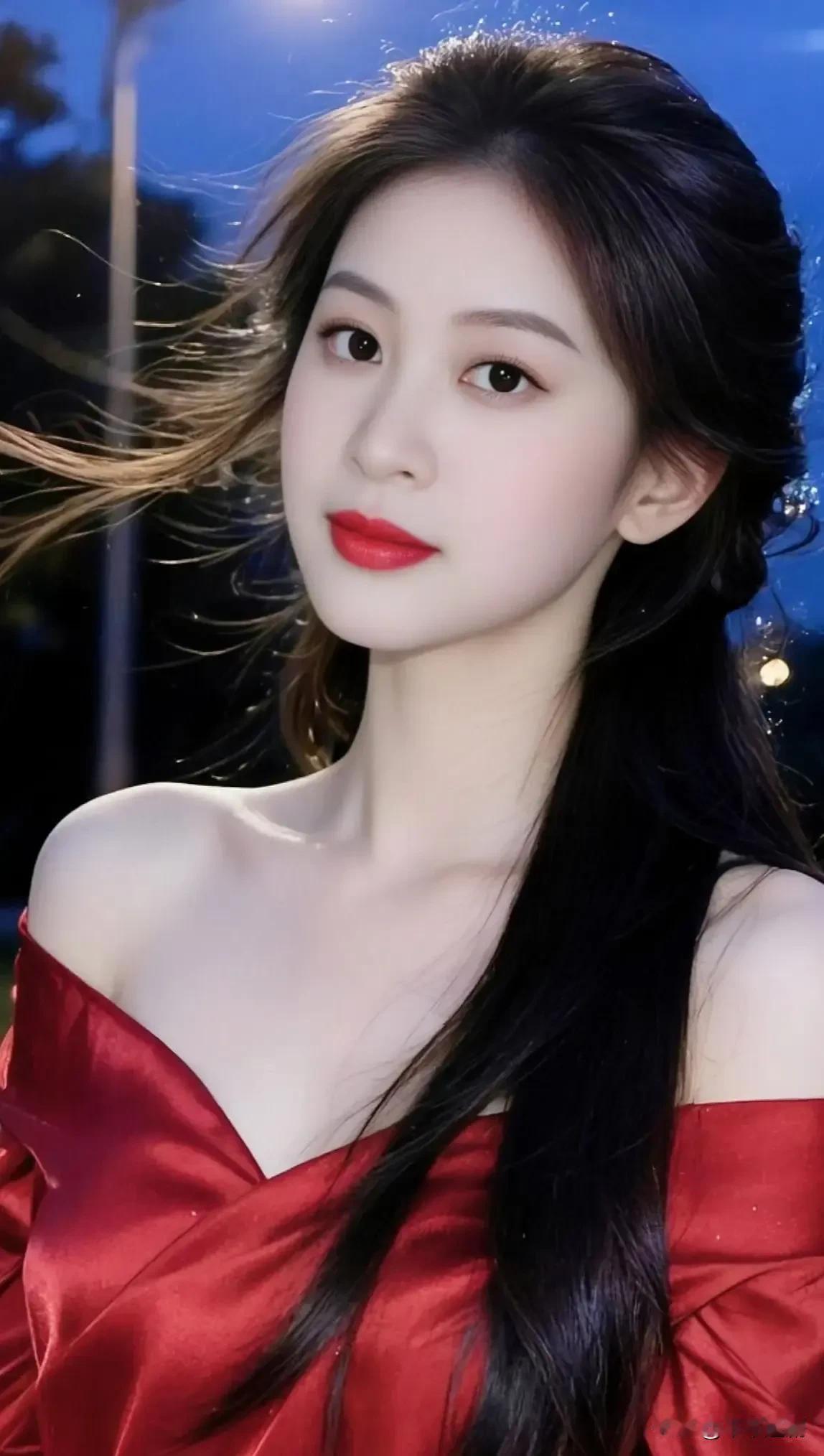 晚风吹动发梢，红裙与夜色撞出一抹惊艳，红唇轻扬间，是独属于夜晚的温柔与热烈。