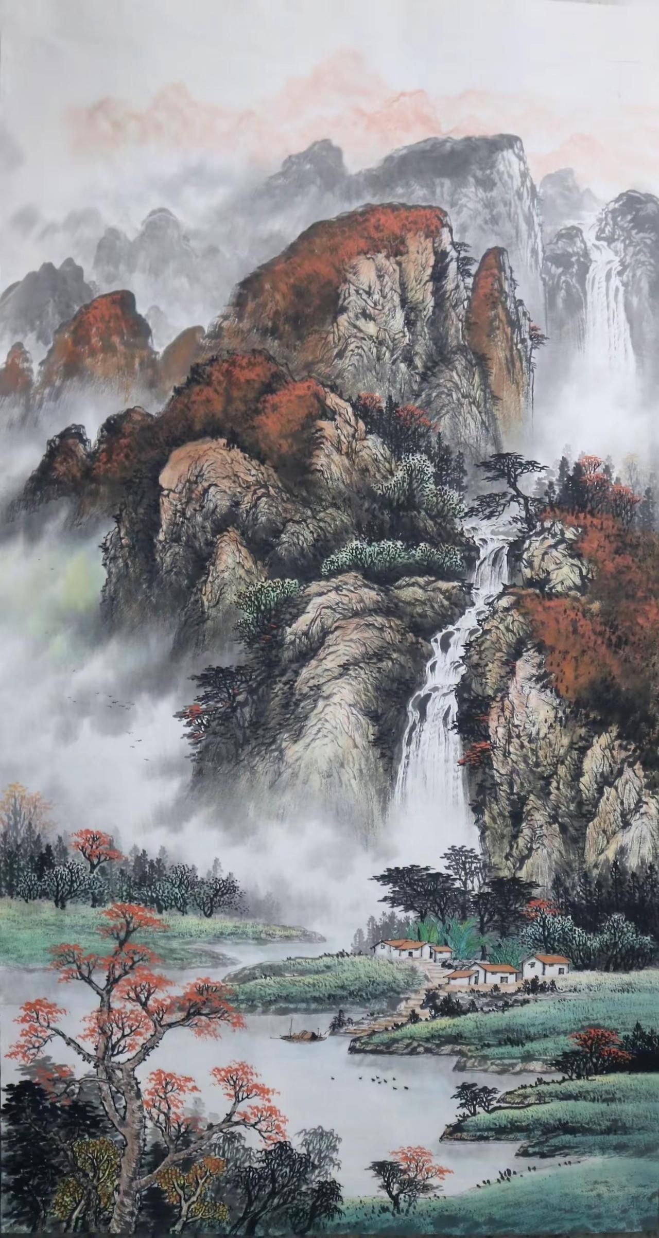 秋山泉鸣图。手绘国画好一幅云雾缭绕的山水画创作者中心创作灵感山间瀑布