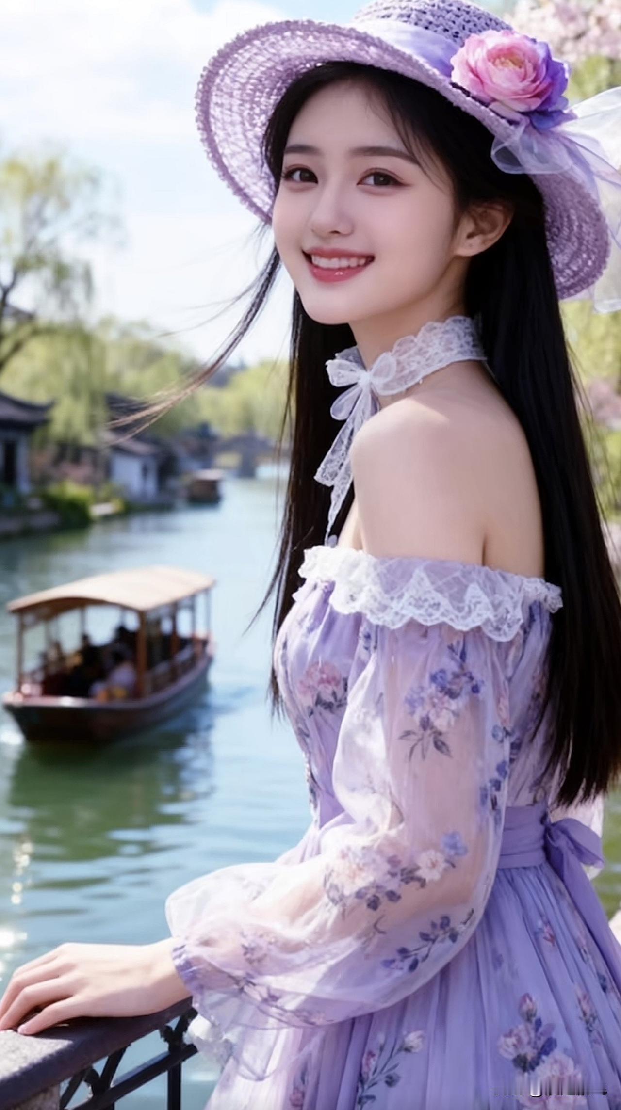 紫衣少女倚栏杆，笑语盈盈水边行。紫裙倚坐紫裙少女紫衣少女写真紫裙少女紫衣