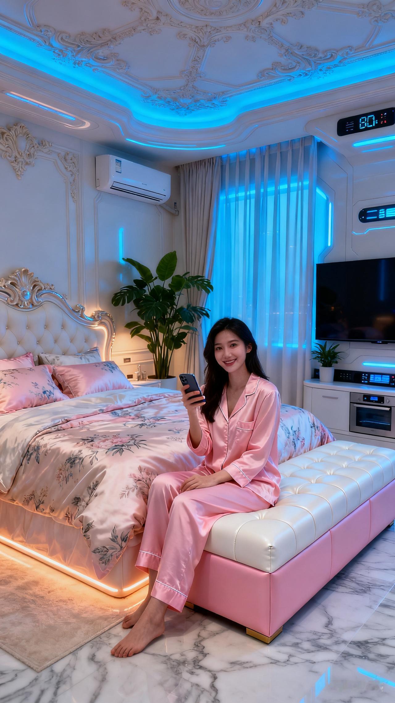 女子着粉睡衣坐床边持机微笑，绿植点缀，智能窗帘半掩，暖蓝光映大理石地，反差吊顶衬
