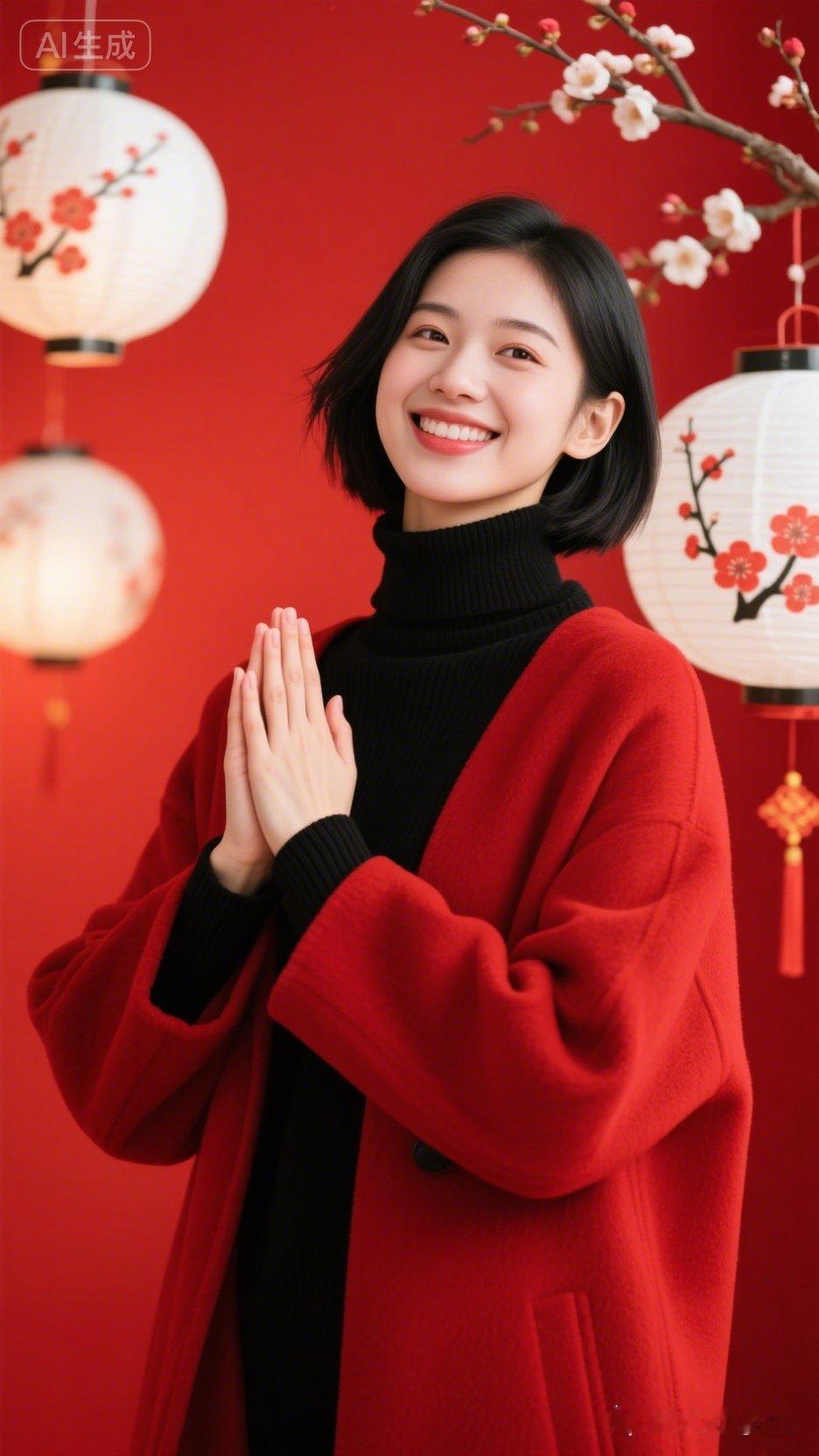 这位女士在微笑，双手合十。