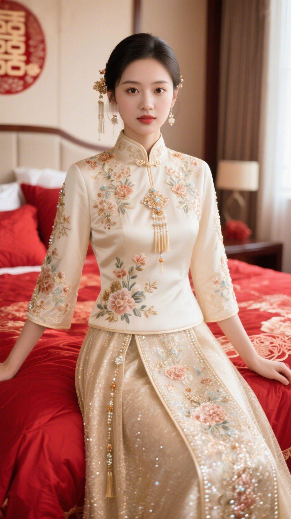 锦绣华裳，静待佳期一袭金绣华裳，丝线细密雅致，牡丹纹样温润动人。红囍点缀其