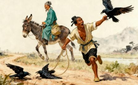 明朝时，盱眙县有个商人骑着毛驴赶路，恰巧看见两只乌鸦在空中争斗，两只都扑落到地上