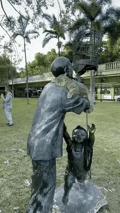 走丢了的猫咪，长时间找不到主人，无奈蹦到铜人的肩上撒起娇来，真是太可爱了。你看它