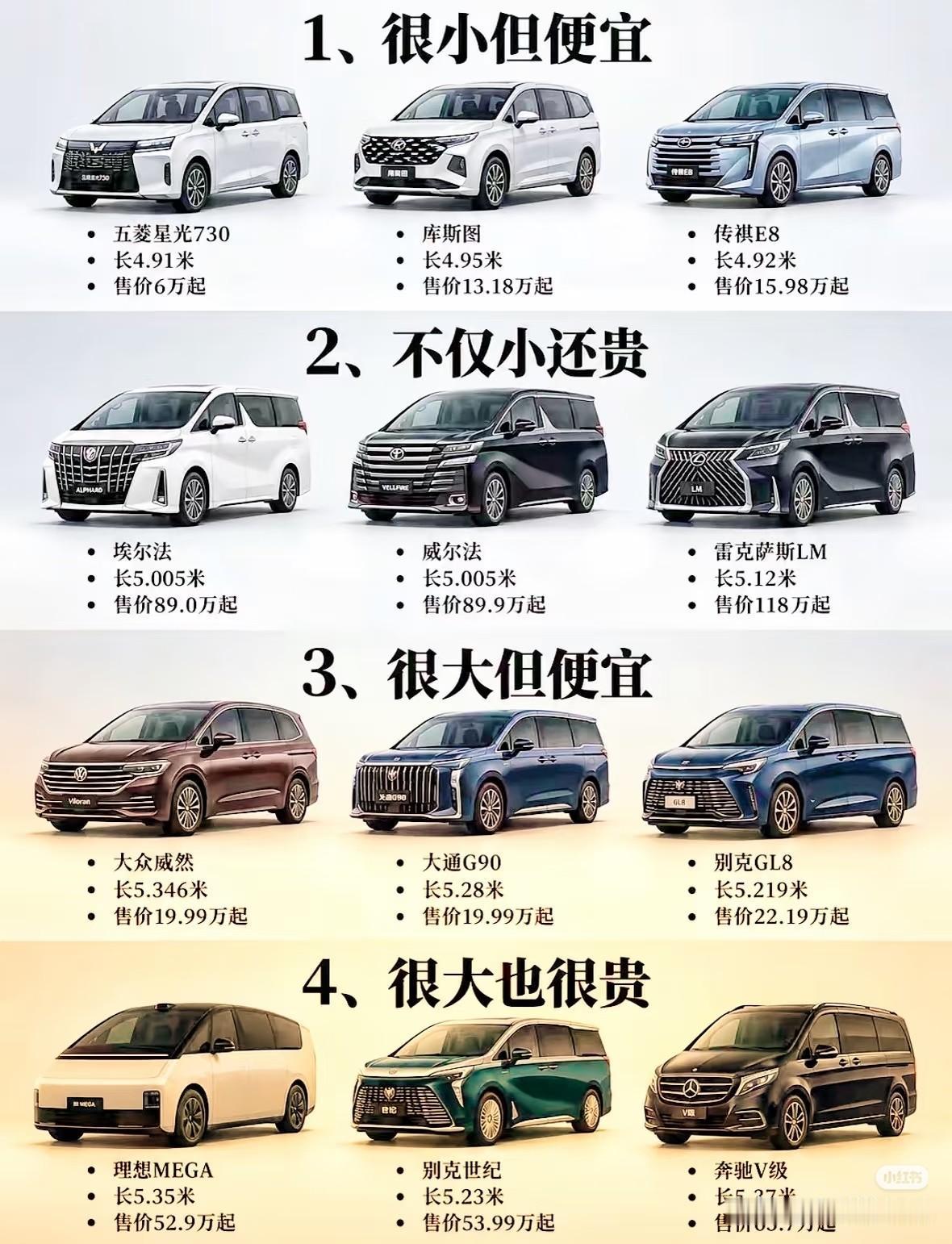 各种价位的MPV车型，从便宜到贵全都有。