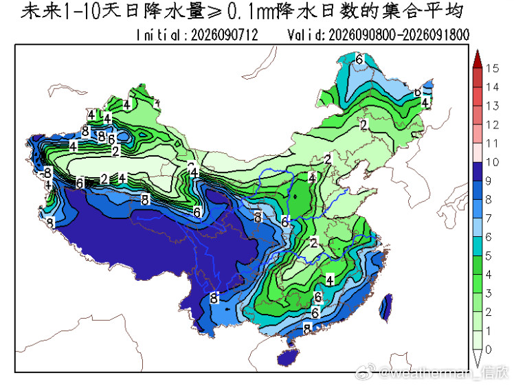 今后10天，西南地区以及西北地区东部，降水频繁，降水日数可达6-8天，累计降水量