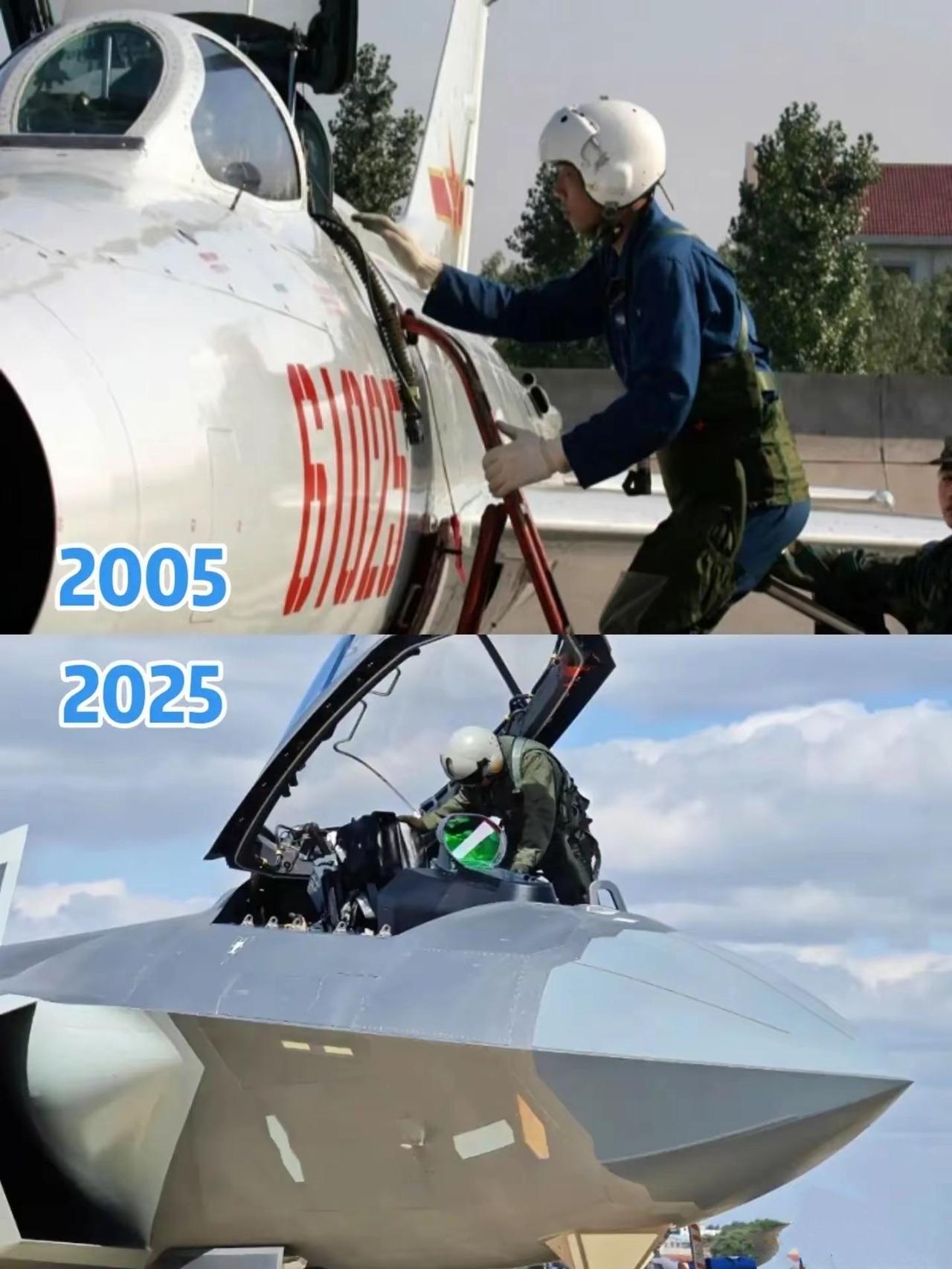 以前是装备不行，现在飞行员更有底气了！ 上图2005年，飞行员正沿梯子登上一