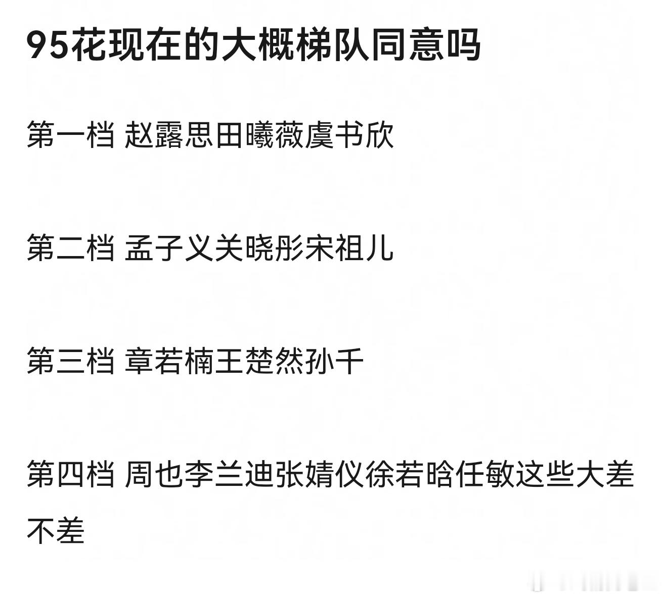 网友的95花现在的大概梯队，这是要给谁升咖第一档赵露思田曦薇虞书欣第二档孟