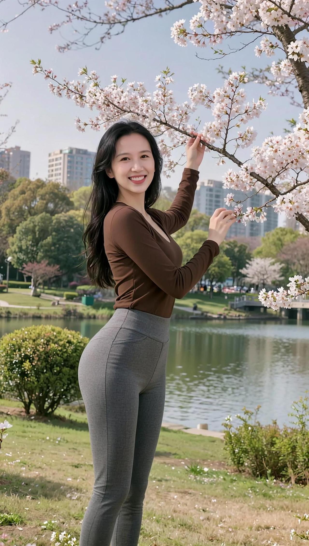 湖畔的春日，阳光洒在水面上，波光粼粼，仿佛无数颗钻石在闪耀。樱花树下，粉色花瓣如