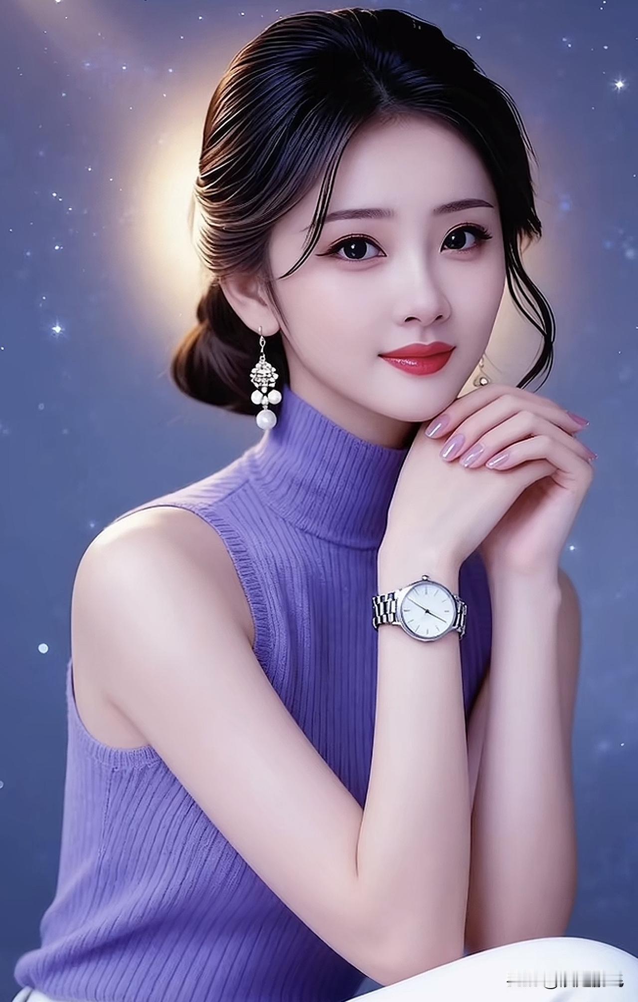 优雅紫衣少女，星光照耀下的迷人时刻紫裙暖光氛围露肩紫裙照紫调美人照露肩紫裙