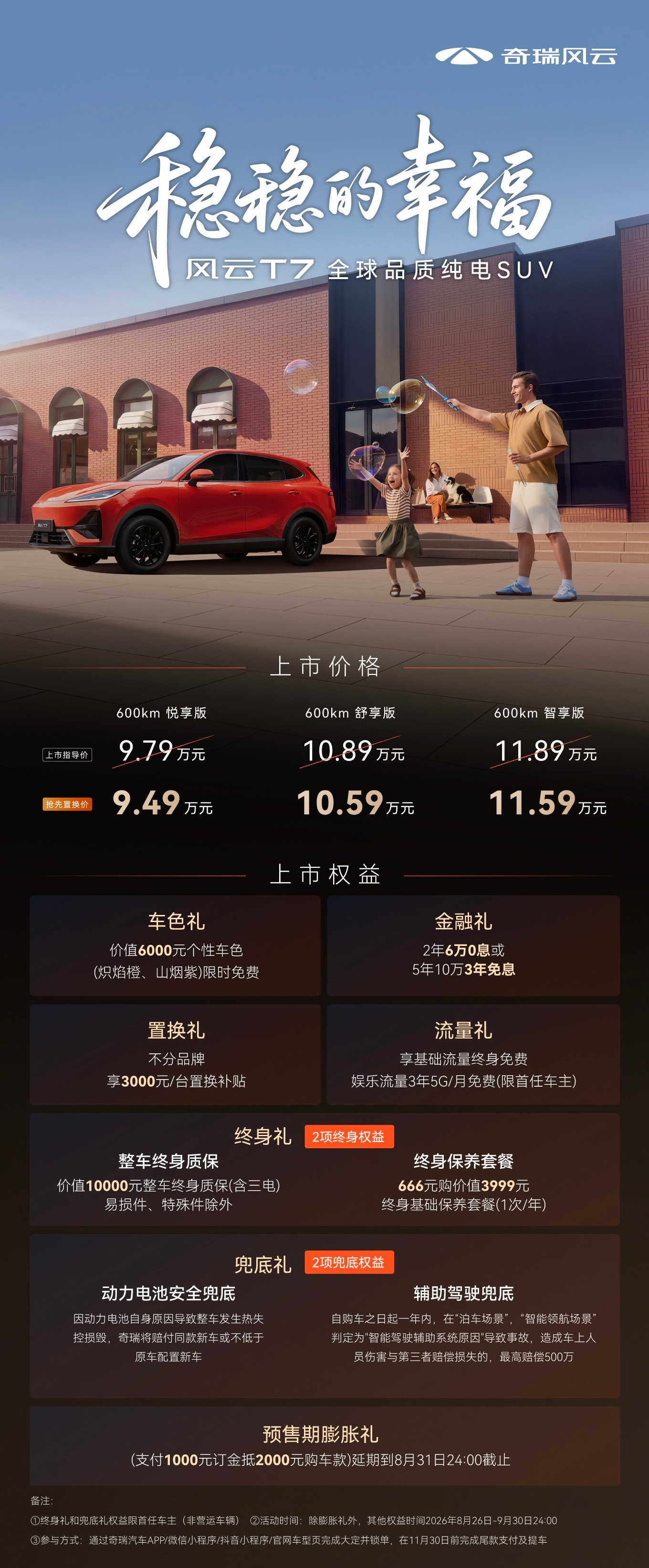 奇瑞风云T7正式上市，置换价9.49万起。新车定位紧凑型纯电SUV，全系CLTC