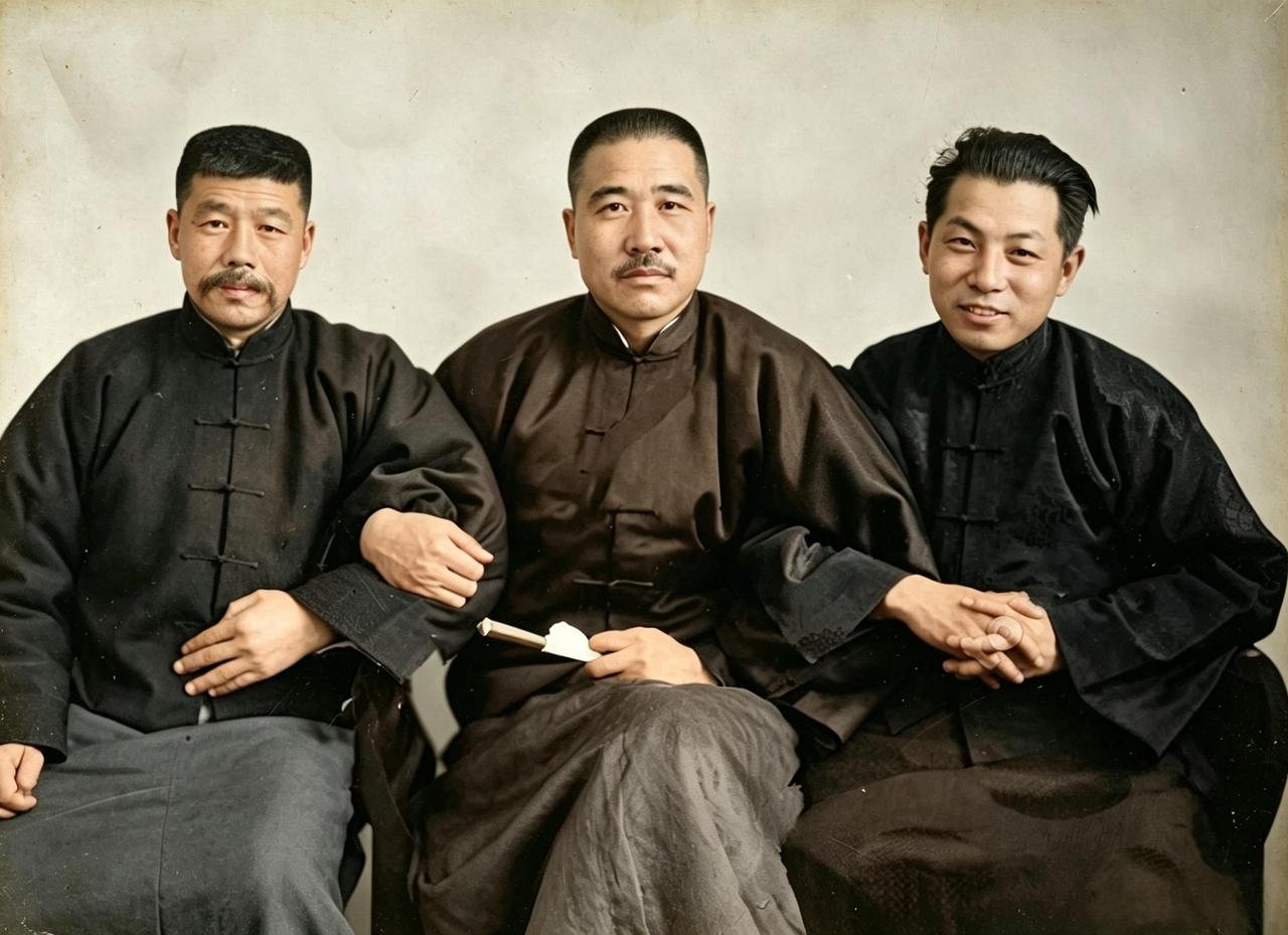 这是一九二七年，三位手握重兵的异姓兄弟身穿式样相同的衣服，互相挽着胳膊美滋滋地坐