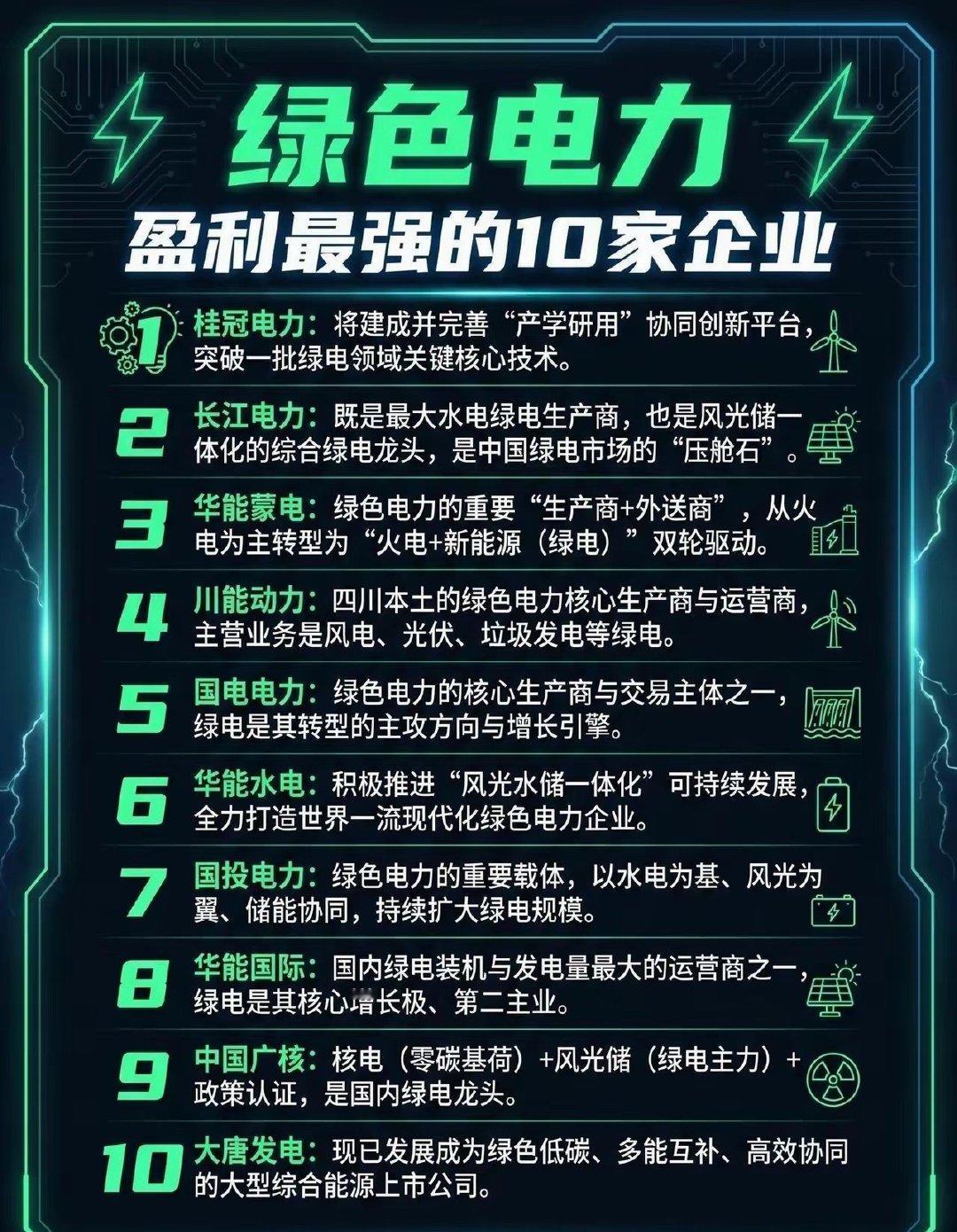 绿色电力，盈利最强的10家企业。