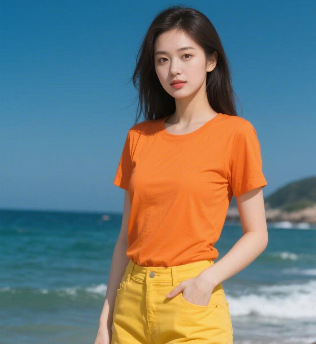 海边女孩穿橙色T恤和黄色短裤。